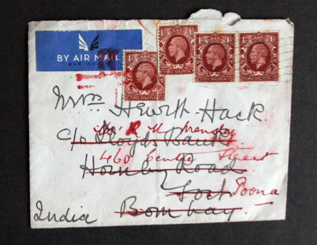 GB KGV Airmail Letter India Address 25 March 1935 Bombay Three Halfpenny Stamps