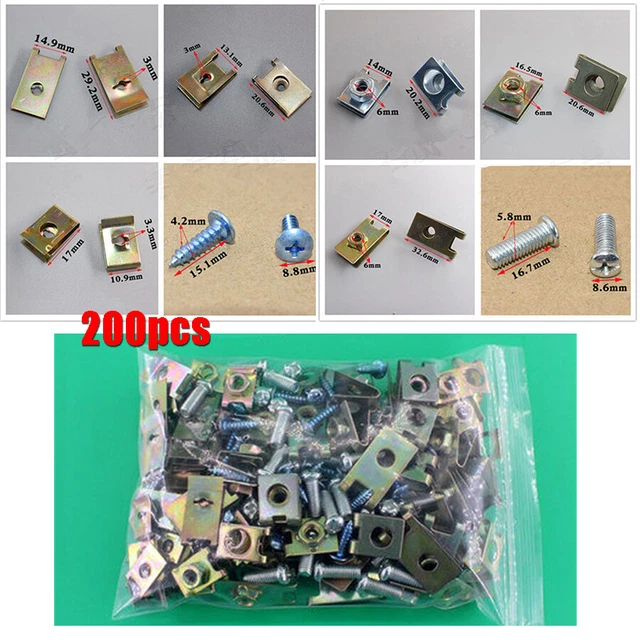 200pcs Mixed U-Type Clips U-Nuts Car Body Door Panel Trim Fastener Fixed Screws