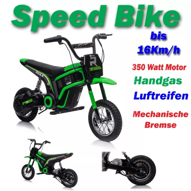 Kinder Motorrad SPEED BIKE GRÜN - 350 Watt, 16 Km/h schnell LUFTREIFEN ab 6 Jahr