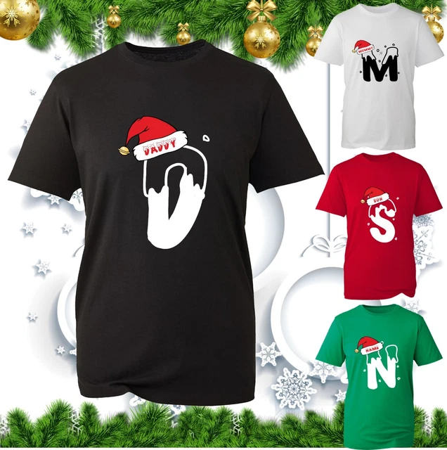 Personalised Merry Christmas Your Name Initial T-Shirt Santa Hat Xmas Tee Top