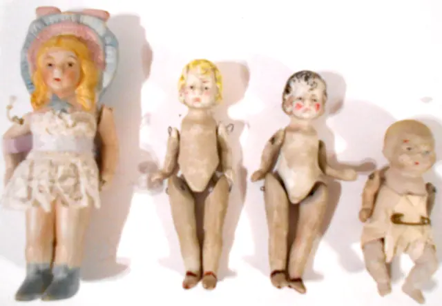 4 Old Porcelain Bisque Jointed Mini Dolls Made in Japan
