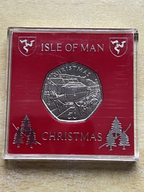 Isle of Man Christmas 50p ✨ 1986 Douglas Horse Drawn Tram ✨ Manx Cat ✨ Coin Case