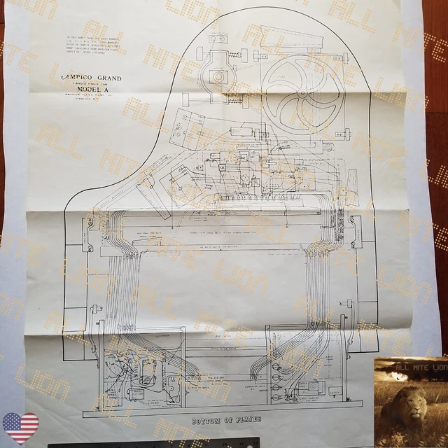 Vintage AMPICO Electric Grand Piano Schematic make a Poster ! RARE !