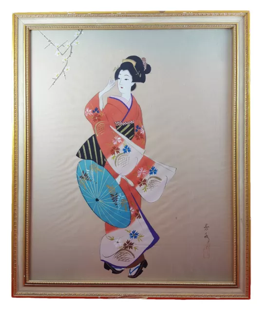 Vintage Japanese Geisha Girl Silk Painting Old on Red Kimono with Signed Artist