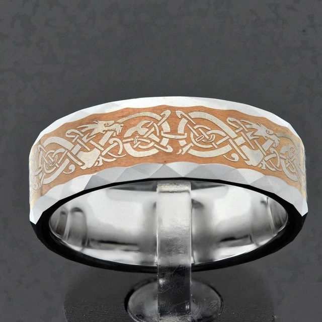 8mm Tungsten Facet Edge Brush Top Band Dragon Celtic Scroll Men's Wedding Ring