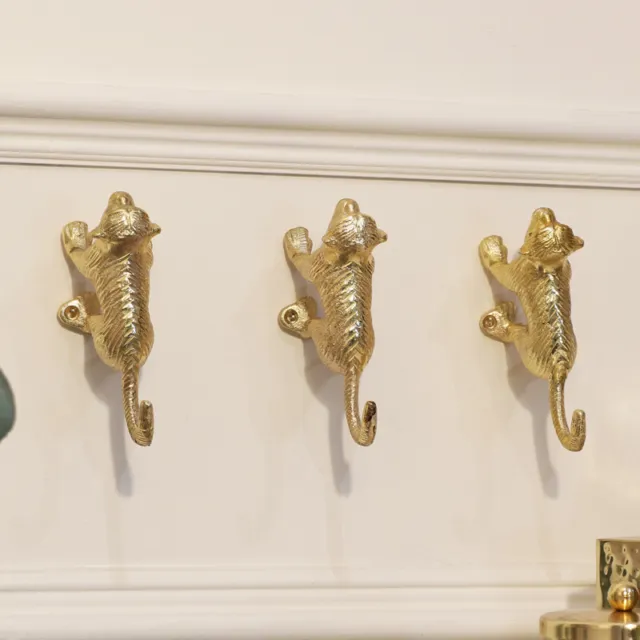 Set 3 Gold Monkey wall hooks hanging storage coats bags hallway bathroom hook