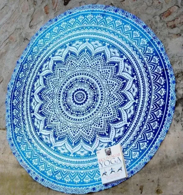 Redondo Azul Tapiz India Decoración 72" Tresillo Mandala Estampado Yoga Tapete