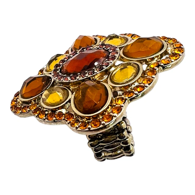 Vintage Statement Ring Amber Glass Rhinestone Large Fall Brown Stretch Adjustabl