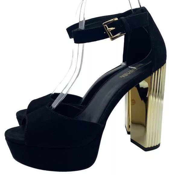 Michael Kors Platform Sandal Porter Black Suede Leather Buckle Designer Size 6.5