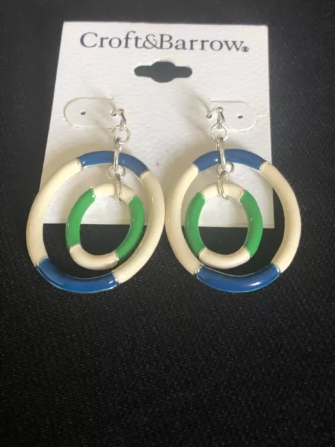 1- Pair Croft & Barrow Double Oval Patch Earrings Green, White & Blue Dangle