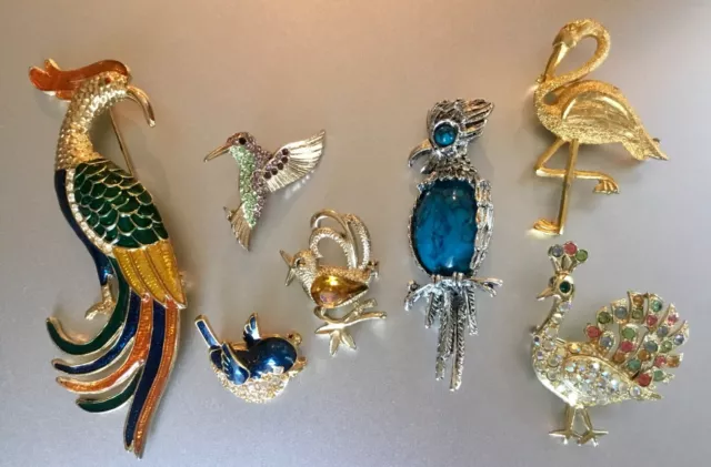 Bird Pin Lot 2 Signed GERRY’S & 5 UNBRANDED Rhinestones Enamel VTG to MODERN
