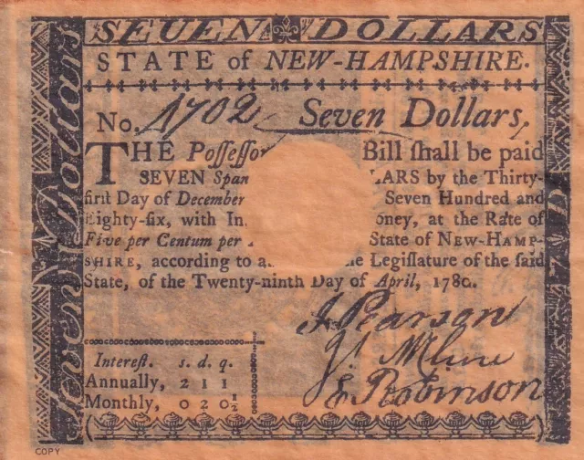 Usa New Hampshire 1780 $7.00 Bill Reproduction