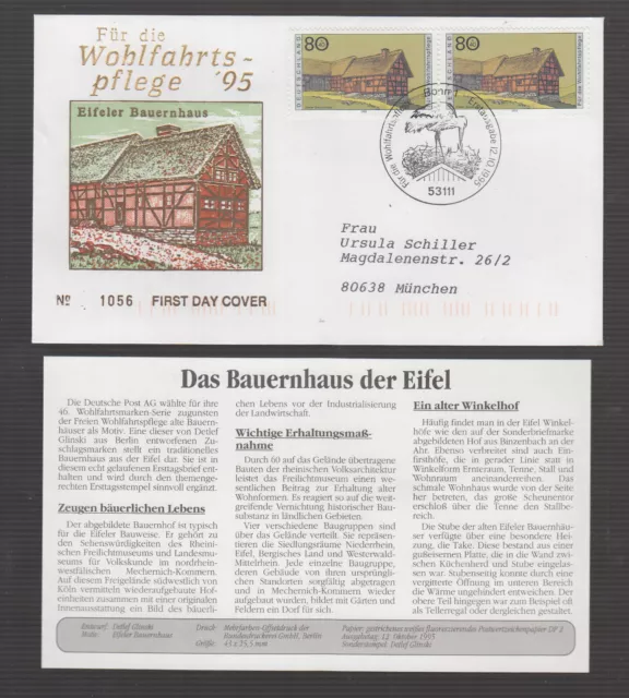 BRD 1995 FDC/Brief + Beschreibung - Wohlfahrt: Eifler Bauernhaus (2W)