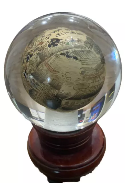 Art Glass Globe Paperweight Chinese  Reverse Hand Painted Signed Great Wall Gift