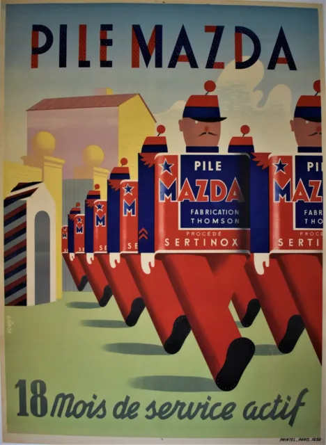 Large Original 1939 Art-Deco French Battery Mazda Advertising Poster