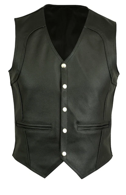 Uomo Stile Biker Gilet Vero Nero Mucca IN Pelle Moto Panciotto
