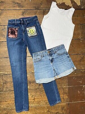 Pacchetto ragazze Gap età 10 jeans pantaloncini denim gilet paillettes faccetta sorridente 10-11