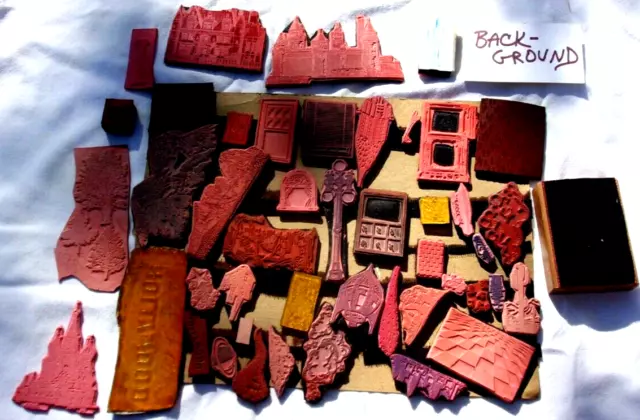 46 piece  Scenic Background rubber stamps hook & loop mounted with Handle
