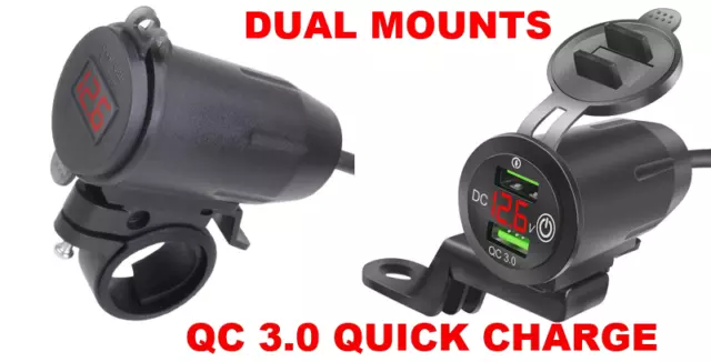 Marine 7/8" Motorcycle Quick Charge Dual USB QC3.0 RED LED Volts W/Dual Mounts
