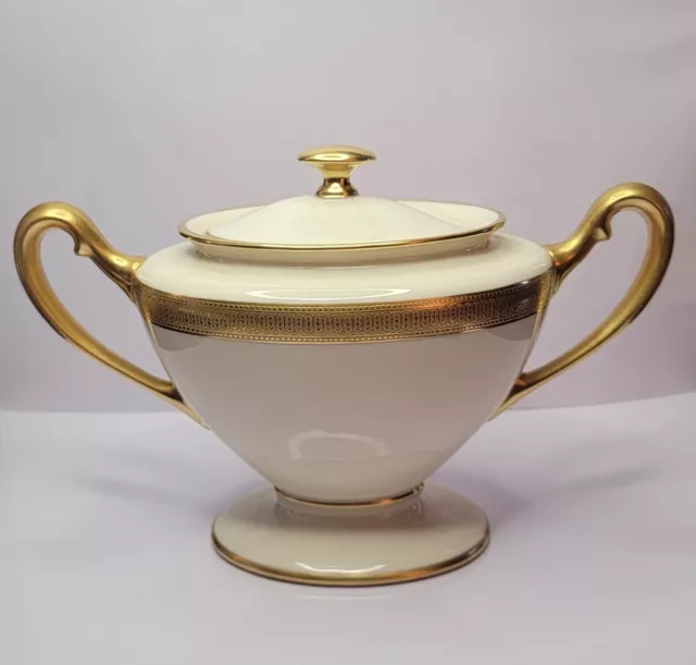 Antique Lenox Lowell Covered Sugar Bowl - Gold Trim - Green Back Stamp