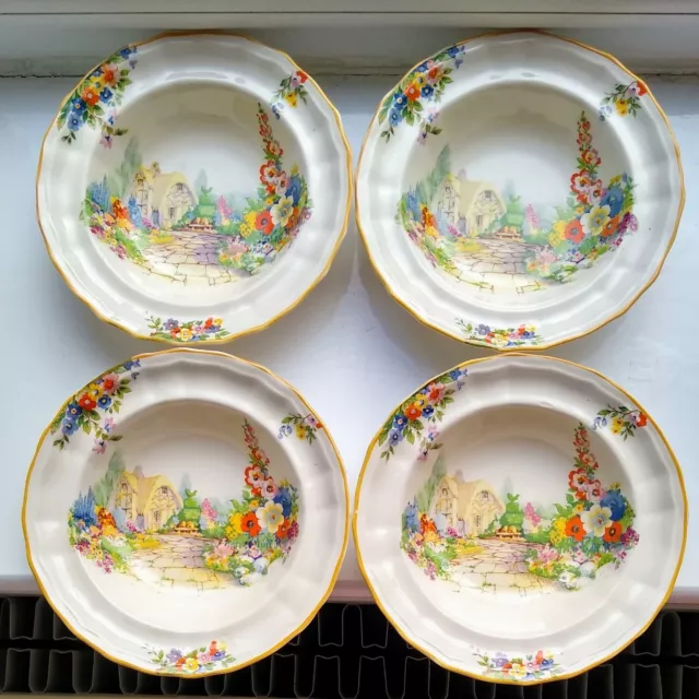 Vintage Swinnertons Bowls x 4 Old England Gardens 75083L Cottage & Hollyhocks