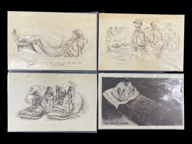 4 Vintage WWII WW2 Marshall Davis Comic Sketch Military Postcards Unposted