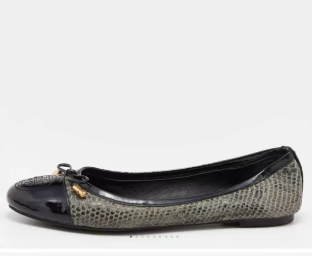 Tory Burch Silver Snake Skin Cap Toe Ballet Flats Shoes Leather US 10M