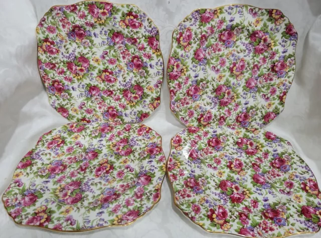 4 Royal Winton Summertime Grimwades Rose Chintz Square  Salad Plates England 8"