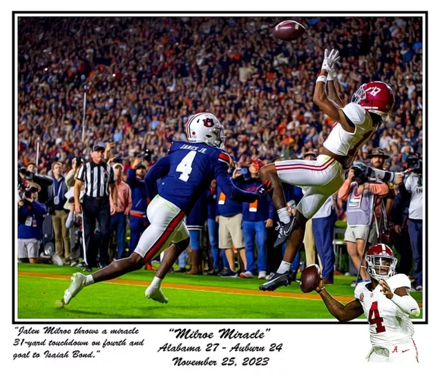 Alabama Football Iron Bowl Milroe Miracle 4 & 31 Touchdown Catch Print