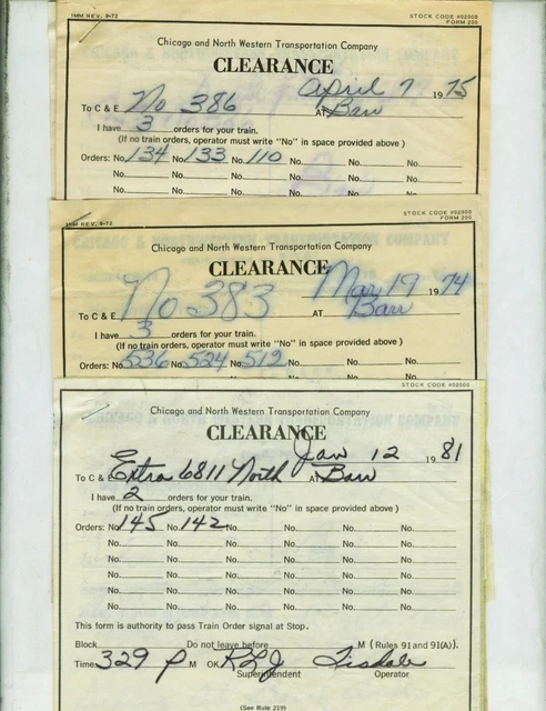 Chicago & Northwestern Ry. Train Orders (19) Barr, Illinois  1974-1981.