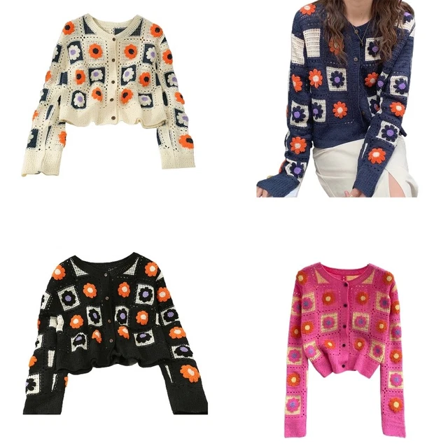 Womens Cable Knit Button Down Short Cardigan Sweater Long Sleeve Crochet for Jac