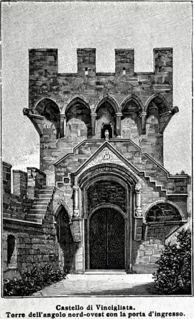 Fiesole: Torre del Castello di Vincigliata. Stampa antica + passepartout. 1896