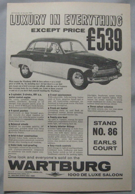 1964 Wartburg 1000 De Luxe saloon Original advert No.1