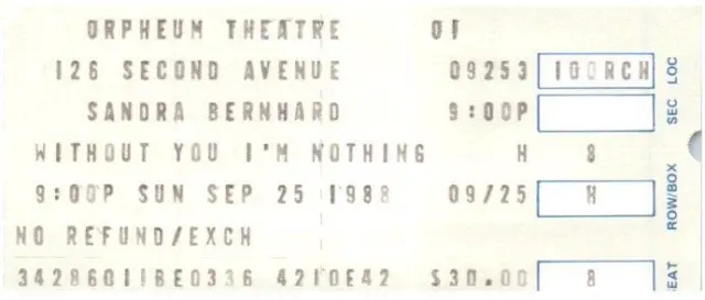 Vintage Sandra Bernhard Ticket Stub Settembre 25 1988 ORPHEUM Theatre New York