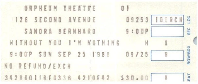 Vintage Sandra Bernhard Ticket Stub Settembre 25 1988 ORPHEUM Theatre New York