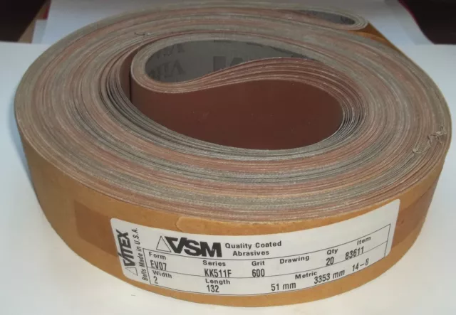 20 Pieces VSM Abrasive Sanding Belt KK511F 2" x 132" 600 Grit Aluminum Oxide