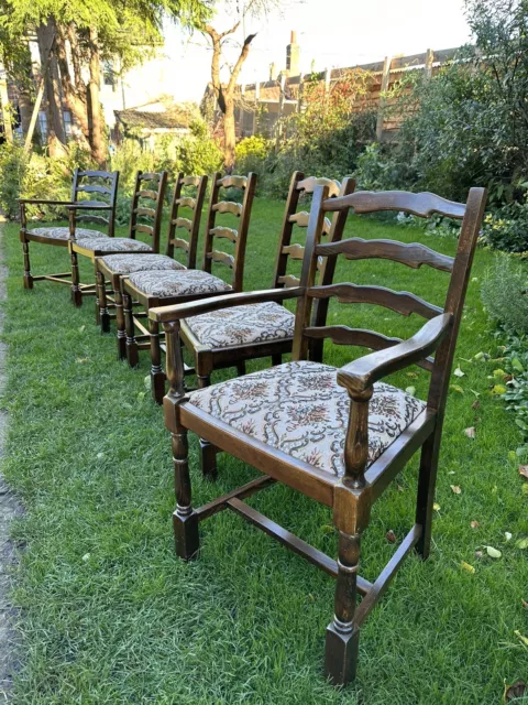 Six Antique Reproduction Oak Ladder Back Old Charm Dining Chairs With Carvers