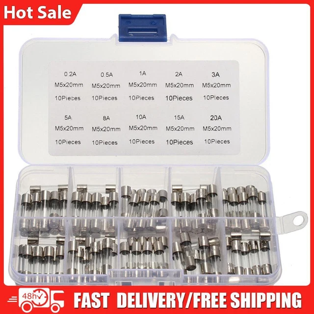100 pz fusibili tubo di vetro per auto assortiti 10 tipi 0,2 A-20 A fusibile tubo di vetro fusibile fine