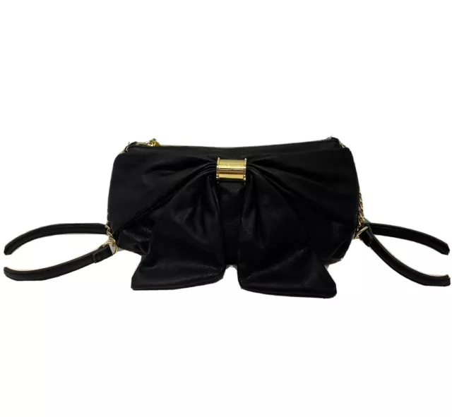 Betsey Johnson Crossbody Clutch Big Bow Black Bag With Gold Tone Accents.