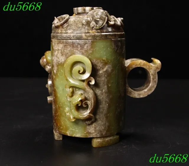 5.8"China hetian jade Carved fengshui dragon loong goblet wineglass cup statue