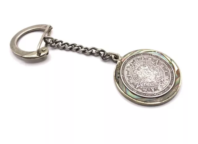 Mexico Solid 925 Sterling Silver Abalone Aztec Mayan Calendar Key Chain (10.7g)