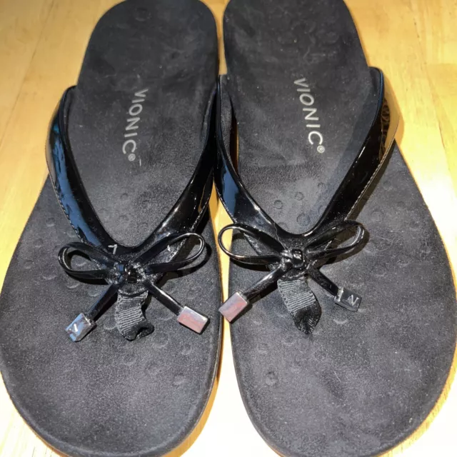 Vionic Bella II Black Patent Bows Womens Size10 Flip Flops Sandals Preowned