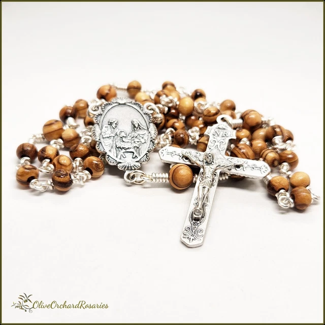 Handmade Holy Family Nativity Scene Wire-wrap Holy Land Olive Wood Beads Rosary
