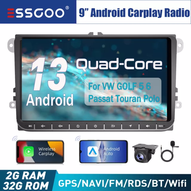 Autoradio 9" Carplay Android 13 2+32G GPS NAVI Pour VW GOLF 5 6 Tiguan Touran T5