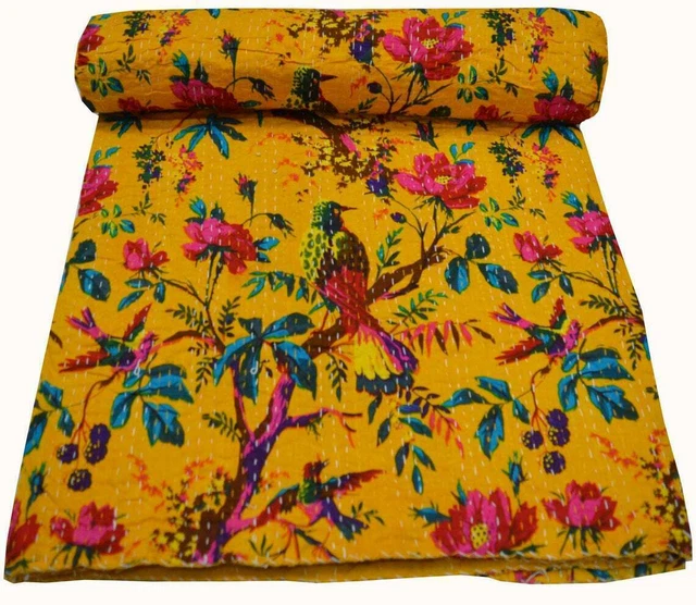 Colcha de algodón indio Kantha colcha reina colcha ropa de cama amarillo pájaro Gudari