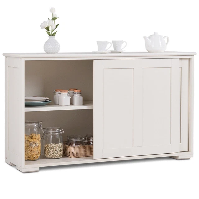 Kitchen Storage Cabinet Sideboard Buffet Cupboard Wood Sliding Door Pantry White