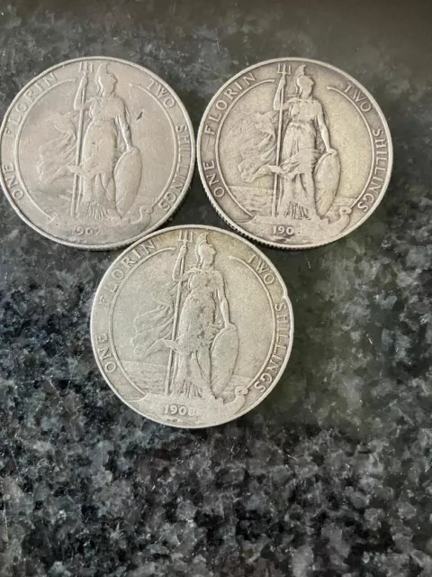 1906, 1907 & 1908 .915 Silver Edward VII Florin (2 Shillings) Coins