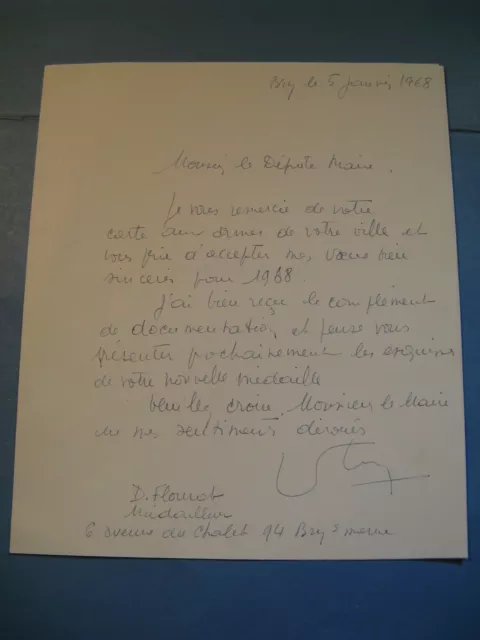 DANIEL FLOURAT Autographe Signé 1968SCULPTEUR MEDAILLEUR MONNAIE PARIS PRIX ROME