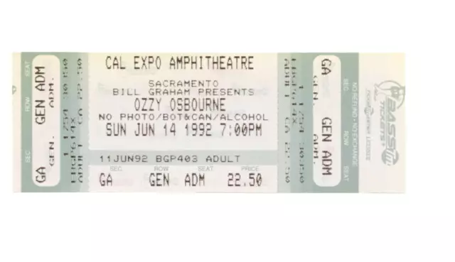 1992 OZZY OSBOURNE & SLAUGHTER Concert Ticket Full Unused Authentic NM M
