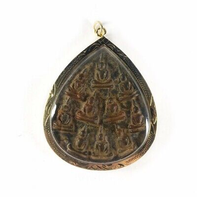 Phra Kru 10 Buddha Figure Gold Micron Case Pendant Talisman Old Thai Amulet